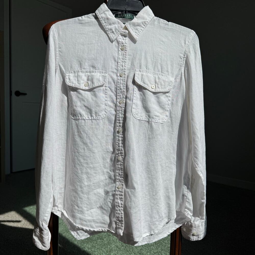 Lauren Ralph Lauren White 100% Linen Shirt Utility Safari Button Front M